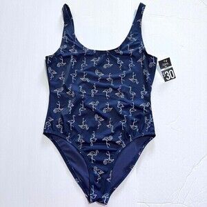 City Streets Women's One-Piece Navy-Blue Swimsuit‎ with Neon Flamingo Print